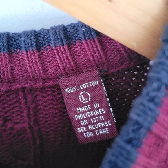 John Ashford 100% Cotton Plaid Knit Sweater Burgundy/Navy/White/Green Large 90s - Picture 3 of 7